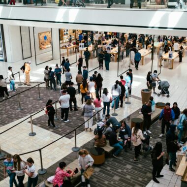 A bustling shopping center with a large crowd queuing inside an Apple Store.